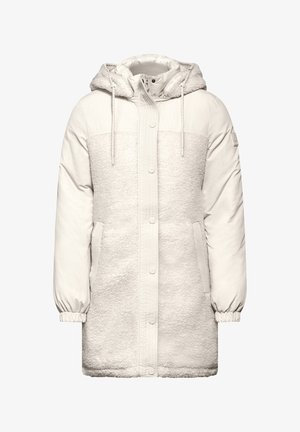 White hooded jacket featuring a soft, textured fleece front panel, smooth fabric sleeves, snap buttons, and side pockets.