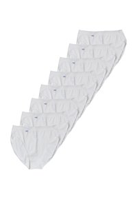 Nove paia di slip in cotone bianco, caratterizzati da un taglio classico con cinturino elastico. Texture liscia e cuciture minime. Design semplice.