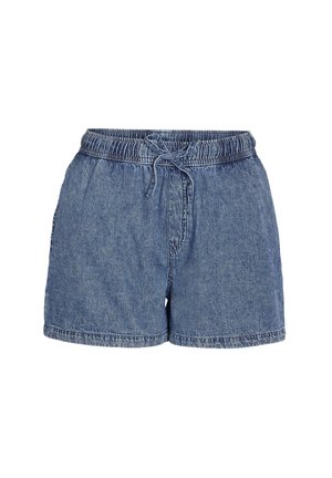 Pantalones cortos de mezclilla azul con cintura elástica y cordón frontal, ajuste holgado y detalles de costuras visibles sobre un fondo blanco.