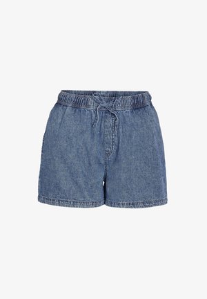 Μπλε τζιν σορτς με ελαστική μέση και μπροστινό κορδόνι, άνετη εφαρμογή και εμφανείς ραφές σε λευκό φόντο.