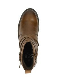 Bruine leren enkellaars met een ronde neus, zijrits en een kruislings gewikkeld ontwerp aan de voorkant. Textuur oppervlak, zachte voering.