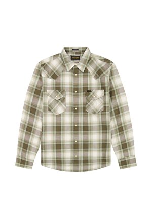 Langärmeliges Kariertes Hemd in Grün, Beige und Weiß mit durchgehender Knopfleiste und zwei Brusttaschen, mit Wrangler-Logo auf Tasche und Kragen.