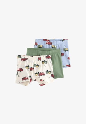 Tre paia di boxer in cotone per ragazzi. Colori: crema con stampa di camion, verde uniforme e blu con motivi di veicoli. Tessuto morbido e elastico.