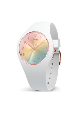 Weißer Silikonarmband mit einem runden, roségoldfarbenen Ziffernblatt, das einen Farbverlauf von Blau und Rosa zeigt, klaren Ziffern und kleinen Zeigern.