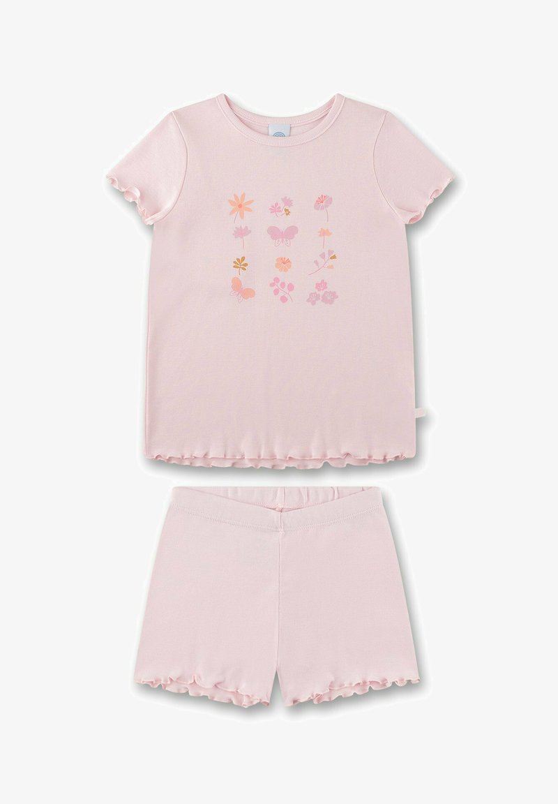 Set di pigiama in cotone rosa composto da una maglietta a maniche corte con stampe floreali e farfalle, e bordo scallop; pantaloni corti abbinati con dettagli simili.