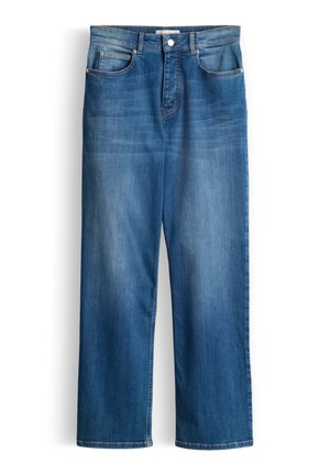 Blauwe denim jeans met rechte pijpen, een voorste knoopsluiting en rits, twee voorzakken en riemlussen.
