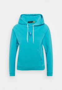 Turkos hoodie med känguruficka, dragsko och en liten broderad polo-spelare logo på bröstet. Mjuk tygkänsla.