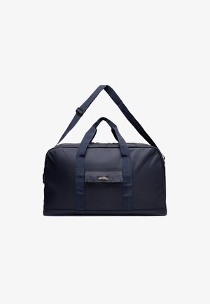 Granatowa torba sportowa wykonana z wytrzymałego materiału, z dwiema krótkimi rączkami i odpinanym paskiem na ramię. Kompaktowy design z przednią kieszenią.
