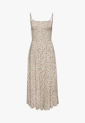 Beiges ärmelloses Midikleid mit dünnen Trägern und unregelmäßigem braunem Polka-Dot-Muster, tailliertem, gerafftem Oberteil und fließendem Rock.