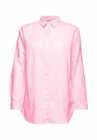 Chemise en lin rose avec col boutonné, manches longues et ourlet arrondi. Présente une coupe légèrement décontractée et une texture lisse.