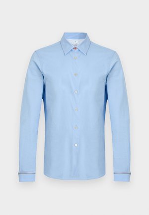 Light blue, long-sleeve button-up shirt made of cotton. Features a pointed collar, front buttons, and contrasting striped detailing on cuffs.