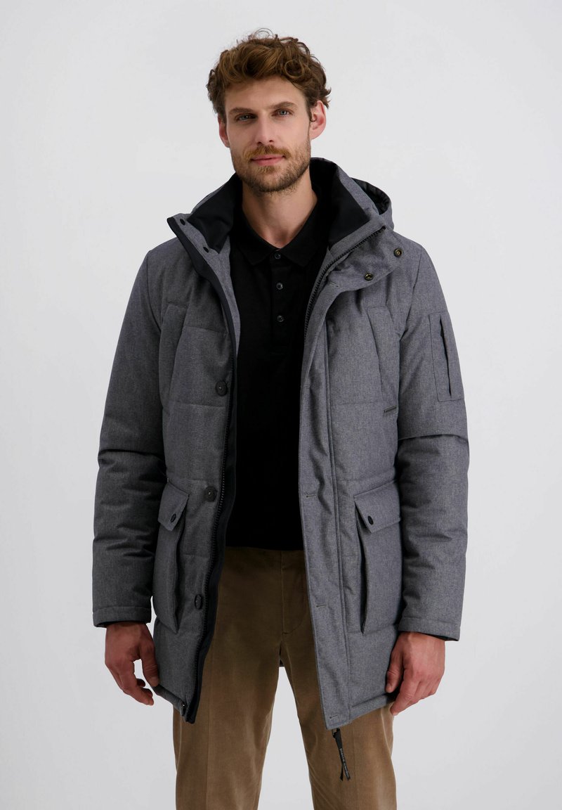 Graue Pufferjacke mit Kapuze, mit einem Reißverschluss vorne, Druckknöpfen, Seitentaschen und gerippten Bündchen. Strukturierten Stoff mit glatter Oberfläche.