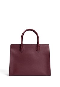 Burgundy leather tote bag with smooth texture, two handles, and a rectangular shape. Features subtle stitching and no visible hardware.