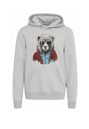 Pilkas džemperis su gaubtu, pagamintas iš medvilnės mišinio, su lokio grafika saulės akiniuose ir raudonai mėlynu švarku, ir priekinė kengūros kišenė.