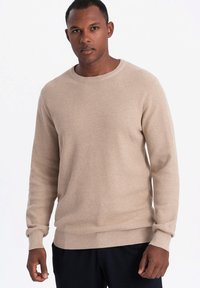 Beige gestrickter Pullover aus strukturiertem Stoff, runder Ausschnitt, lange Ärmel und gerippte Bündchen und Saum. Model steht vor einem schlichten Hintergrund.