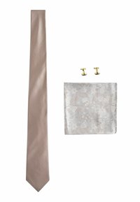 Beige strukturierte Krawatte, hellgraues Einstecktuch mit floralem Muster, goldfarbene Manschettenknöpfe, alle ordentlich arrangiert.