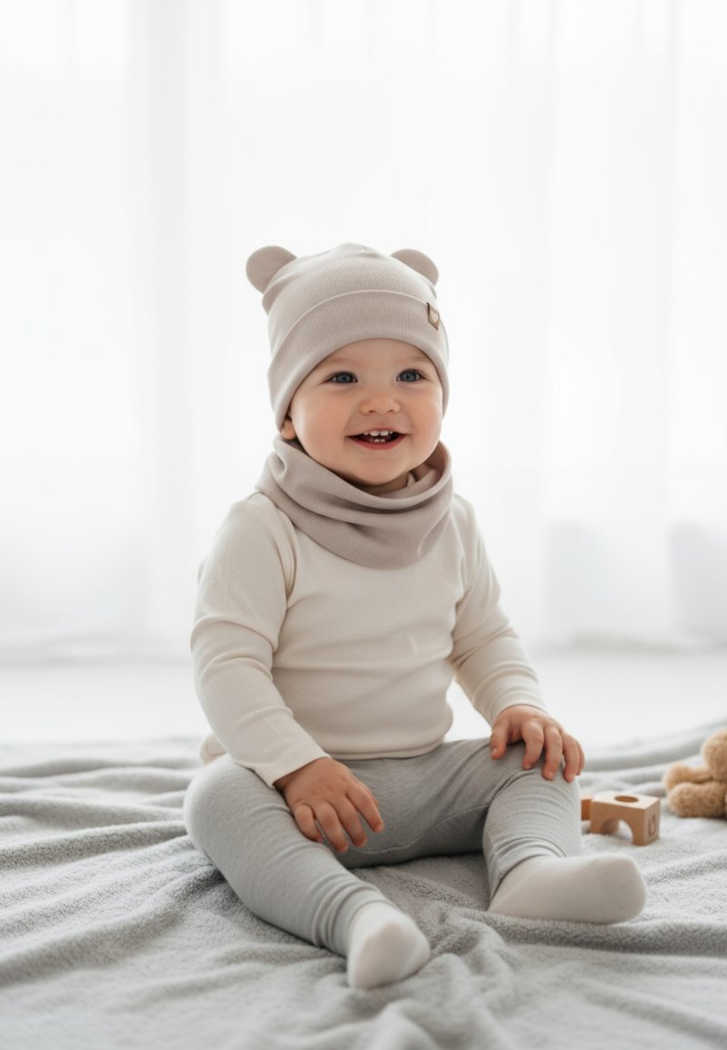 Cappellino per bambino color beige chiaro con orecchie da orsetto, scaldacollo beige, maglietta a maniche lunghe color crema, leggins grigi chiari, seduto su una coperta grigia con un giocattolo.