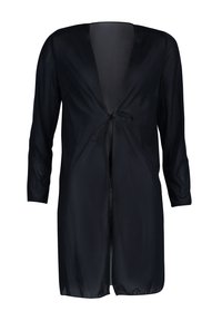 Czarny przezroczysty kimono z długimi rękawami, otwartym przodem i zawiązywanym zamknięciem w talii. Gładka faktura i lekki materiał.