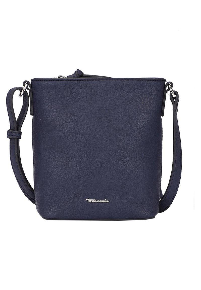 Borsa a tracolla in ecopelle blu navy con finitura testurizzata, forma rettangolare, tracolla regolabile e dettaglio logo argentato sul fronte.