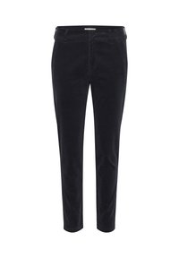 Black corduroy trousers with a slim fit. Features a flat front, belt loops, and a zipper fly. Textured fabric with vertical ribs.