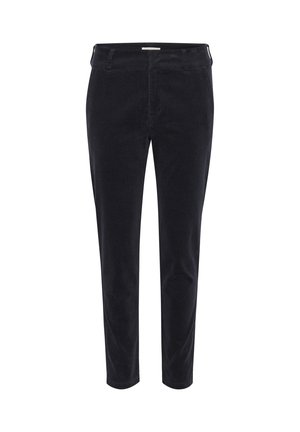 Pantalons en velours côtelé noirs avec une coupe slim. Caractérisés par une taille plate, des passants de ceinture et une fermeture éclair. Tissu texturé avec des côtes verticales.
