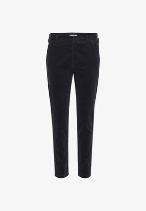 Zwarte corduroy broek met een slim fit. Voorzien van een platte voorkant, riemlussen en een ritsopening. Textuurstof met verticale ribbels.