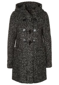 Płaszcz z wełny z kapturem, z teksturowanym szarym i czarnym wzorem, z zapięciem na troczki i dwoma przednimi kieszeniami.