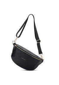 Borsa a tracolla in pelle nera con zip dorata, dettaglio a frange e tracolla regolabile con il nome del marchio "EXPATRIÉ" in rilievo.