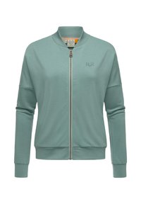 Chaqueta bomber verde claro hecha de una mezcla de algodón, con cierre de cremallera en el frente, puños acanalados y un pequeño logotipo bordado en el pecho.