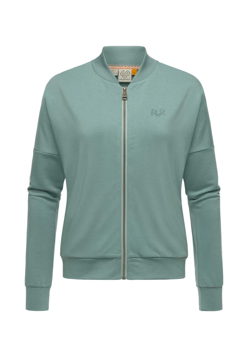 Chaqueta bomber verde claro hecha de una mezcla de algodón, con cierre de cremallera en el frente, puños acanalados y un pequeño logotipo bordado en el pecho.