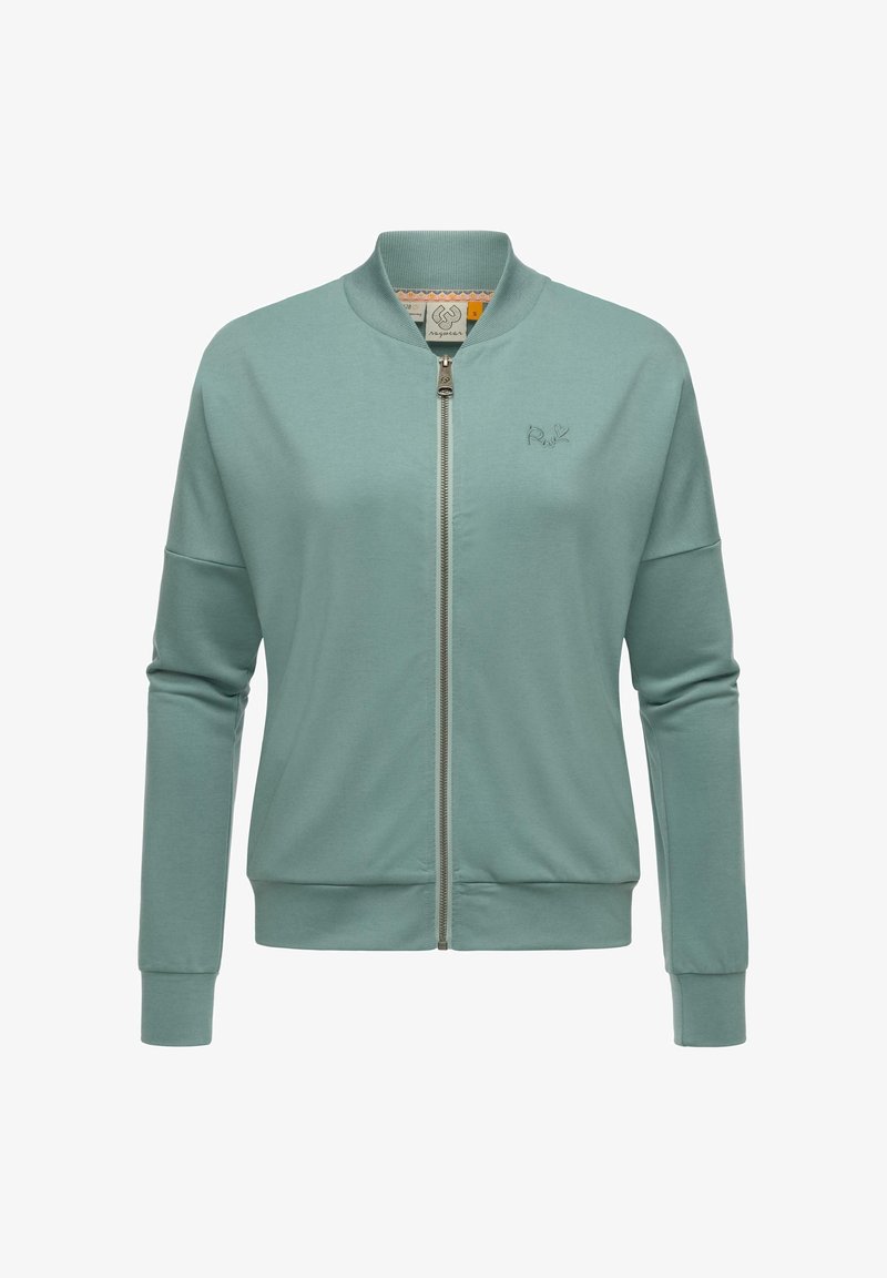 Chaqueta bomber verde claro hecha de una mezcla de algodón, con cierre de cremallera en el frente, puños acanalados y un pequeño logotipo bordado en el pecho.