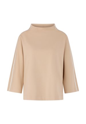 Beiger Langarm-Oberteil mit hohem Kragen und weißen Streifen entlang der Außenseiten der Ärmel, lockere Passform und schlichtes Design.