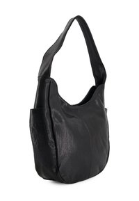 Schwarze Leder-Schultertasche mit breitem Tragegurt, abgerundetem oberen Eingang und weicher, strukturierter Oberfläche.