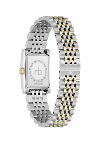 Silberner Edelstahl-Uhren mit einem rechteckigen Gehäuse. Hat einen goldenen Akzent auf der Krone und gelbgoldene Glieder, die im Armband eingestreut sind.