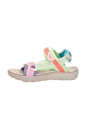 Open-toe buitensandaal met verstelbare pastelkleurige bandjes in roze, paars, groen, oranje en blauw op een beige gewatteerde zool.