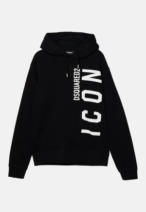 Black hoodie made of cotton, featuring a white graphic text "DSQUARED2 ICON" on the front. Includes a drawstring hood and ribbed cuffs.