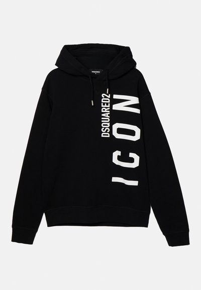Schwarzer Hoodie aus Baumwolle mit dem weißen grafischen Text "DSQUARED2 ICON" auf der Vorderseite. Mit Kapuze zum Schnüren und gerippten Bündchen.