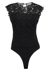 Schwarzer ärmelloser Body mit blumenförmigem Spitzenkragen und tailliertem Schnitt, mit hohen Beinausschnitten und Knopfverschluss hinten.