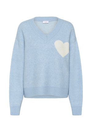 Hele sinine V-kaelusega kampsun pikkade varrukatega ja valge südamegraafikuga vasakul rinnal.