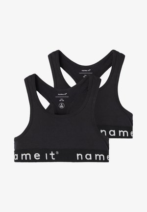 Sutiãs desportivos em algodão preto com design às costas em forma de T. Apresentam uma faixa elástica larga com "name it" em letras brancas. Dois exemplares mostrados.