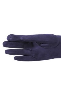 Guanti blu navy realizzati in materiale morbido, con una texture liscia, un design aderente e un dettaglio di cucitura decorativa nell'area del polso.