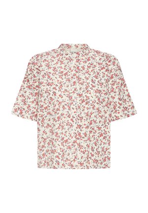 Floral shirt in cream with short sleeves, featuring red and blue flowers, button closure, and loose fit, made from lightweight fabric.