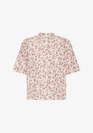Chemise fleurie couleur crème à manches courtes, ornée de fleurs rouges et bleues, fermeture par boutons, coupe ample, fabriquée en tissu léger.