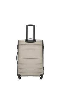 Hartschalentrolley in metallic taupe, mit horizontalen Rillen, einem ausziehbaren schwarzen Griff und vier schwarzen Rollen für Mobilität.
