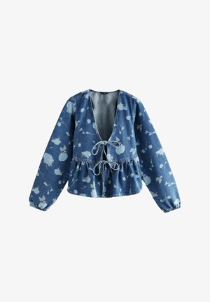 Denim blouse with a deep V-neck and drawstring front, featuring a peplum waist and floral pattern in light blue on a dark blue background.