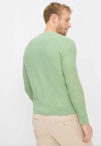 Groen gebreide trui met lange mouwen, geribde manchetten en een ronde hals. Zachte textuur en aangesloten pasvorm. Lichtbruine broek maakt de outfit compleet.