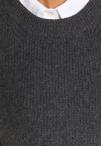 Dark grey knit sweater featuring a ribbed texture, rounded neckline, and layered white collared shirt underneath.