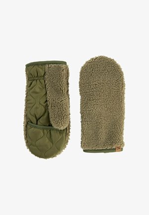 Olijfgroene wanten met een gequilt ontwerp en een nep-shearling voering. Heeft een ribgebreide manchette en een klein logo-label aan één rand.