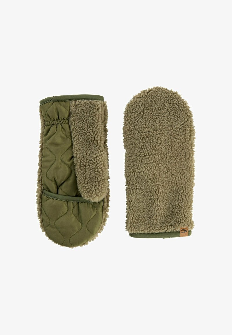 Olive green mittens with quilted design and faux shearling lining. Features a ribbed cuff and a small logo tag on one edge.