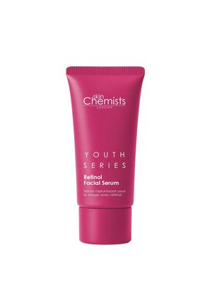 Mała bordowa tubka Skin Chemists London Youth Series Retinol Facial Serum z białym tekstem na jednolitym białym tle.